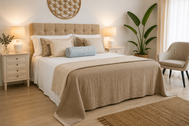 Dormitorio ecológico con colcha de lino orgánico y sábanas de algodón natural para dormir con calor en verano