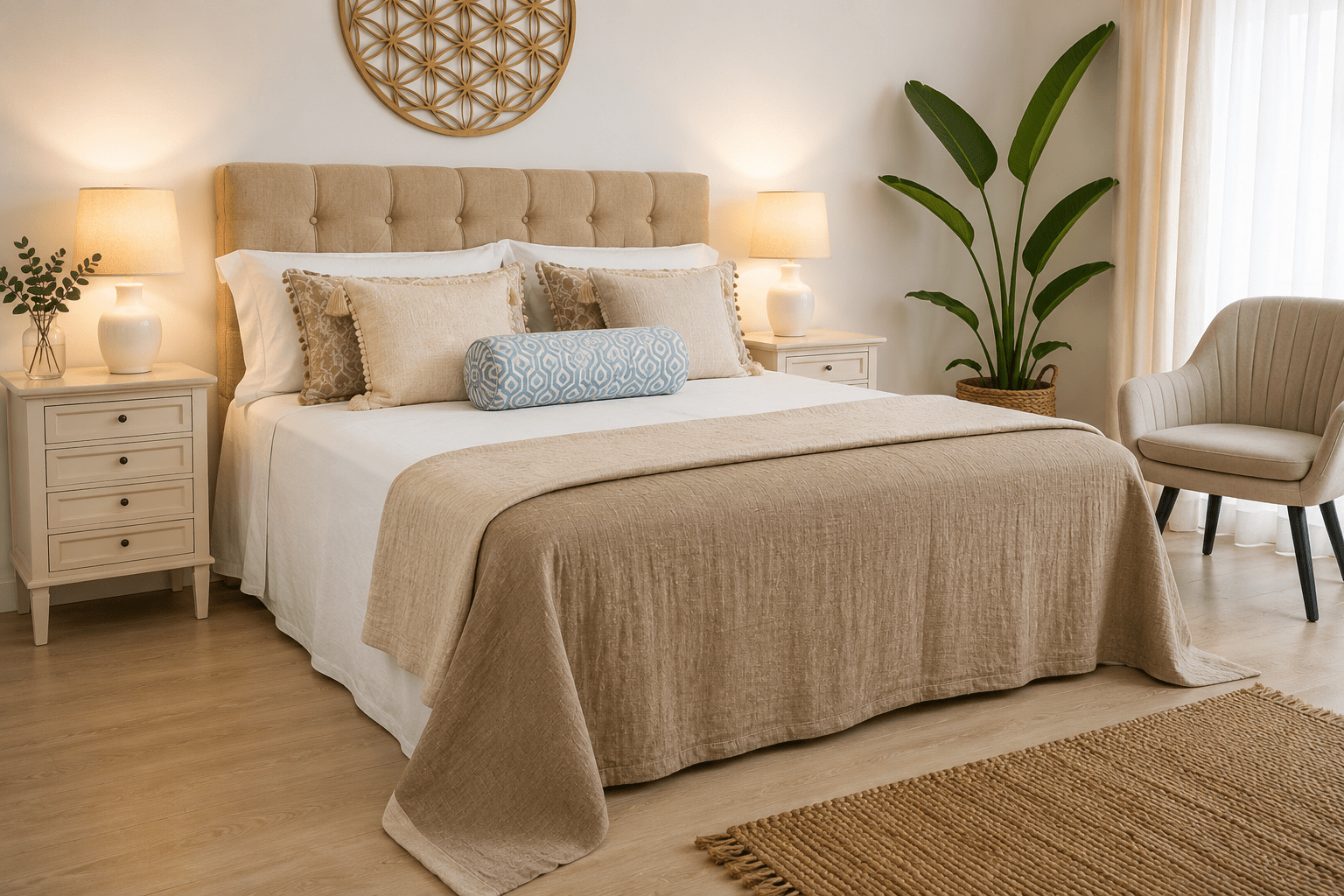 Dormitorio ecológico de La Cama Azul en verano con colcha de lino orgánico y sábanas de algodón COTTON BIO, ventana abierta y luz natural