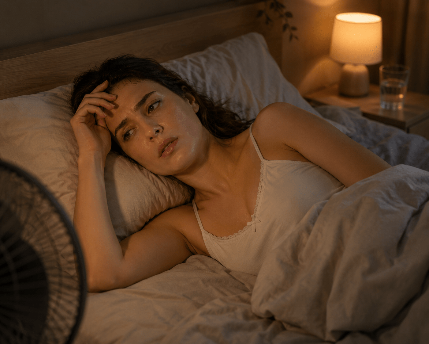 Mujer durmiendo mal por el calor en verano, inquieta y sudorosa, incapaz de conciliar el sueño en una habitación cálida