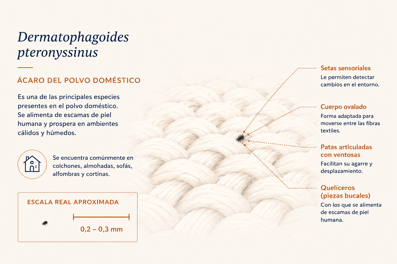 Ilustración científica ampliada de un ácaro del polvo doméstico Dermatophagoides sobre fibras textiles