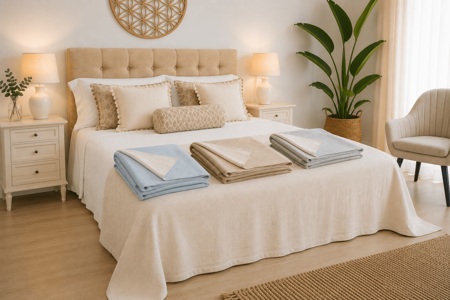 Cama vestida con Colcha de Lino Orgánico azul claro y Sábanas Cotton Bio de algodón orgánico de La Cama Azul