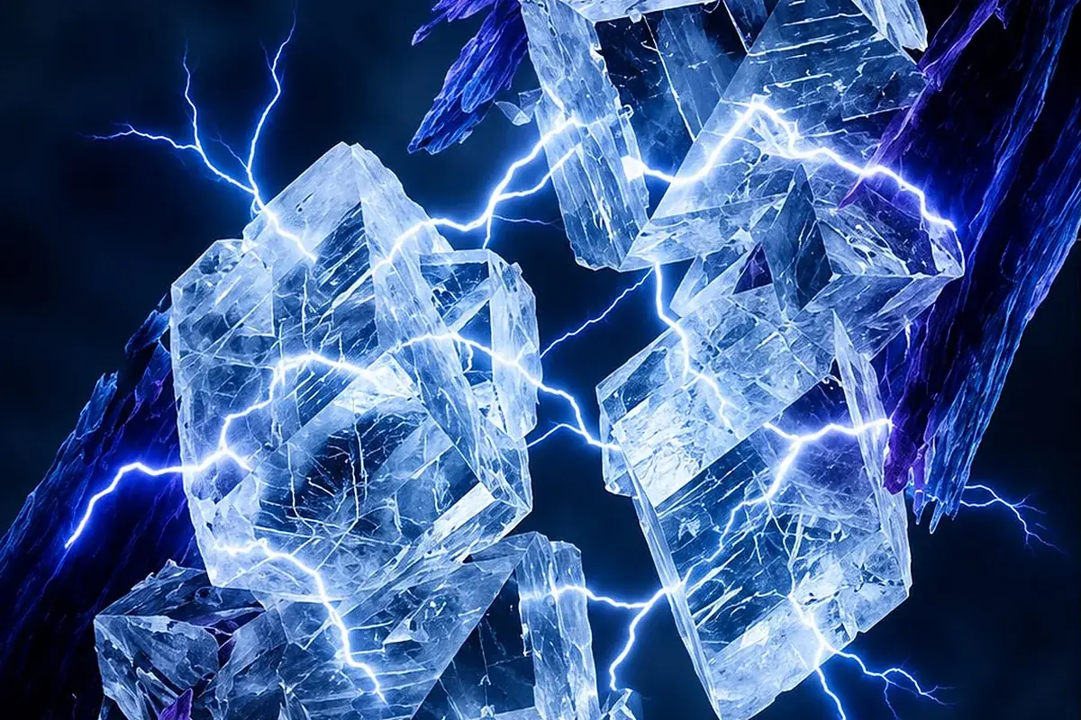 Cristales de calcita atravesados por descargas eléctricas azules que ilustran la propiedad piezoeléctrica