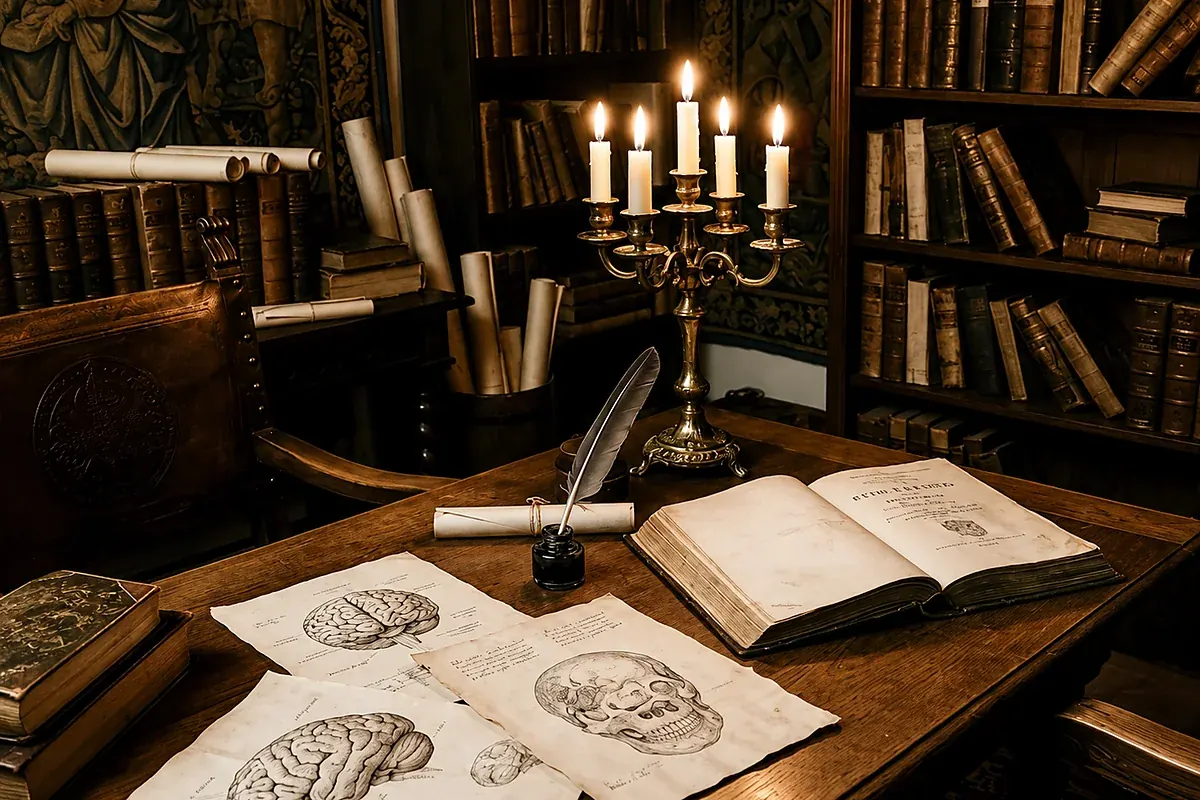 Escritorio del siglo XVII con velas, libros antiguos y láminas anatómicas del cerebro humano