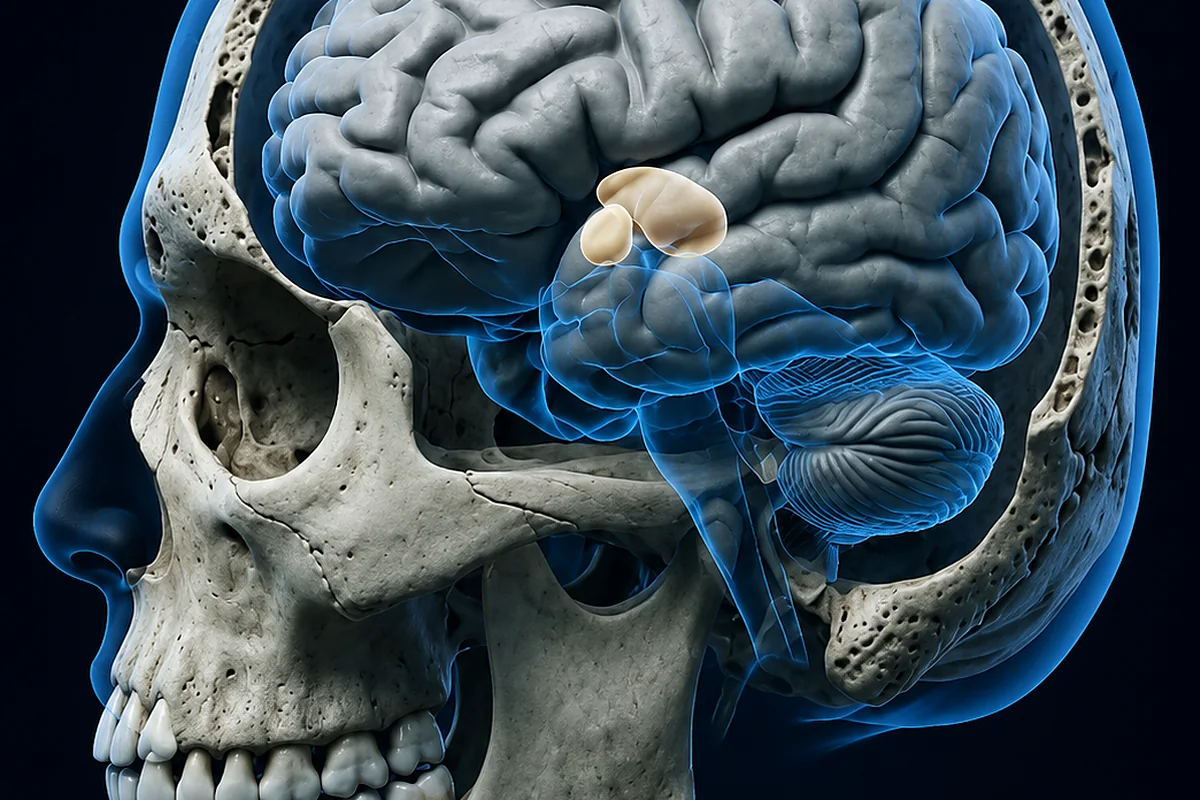 Cráneo humano de perfil con el cerebro transparente y la glándula pineal destacada en tono ámbar