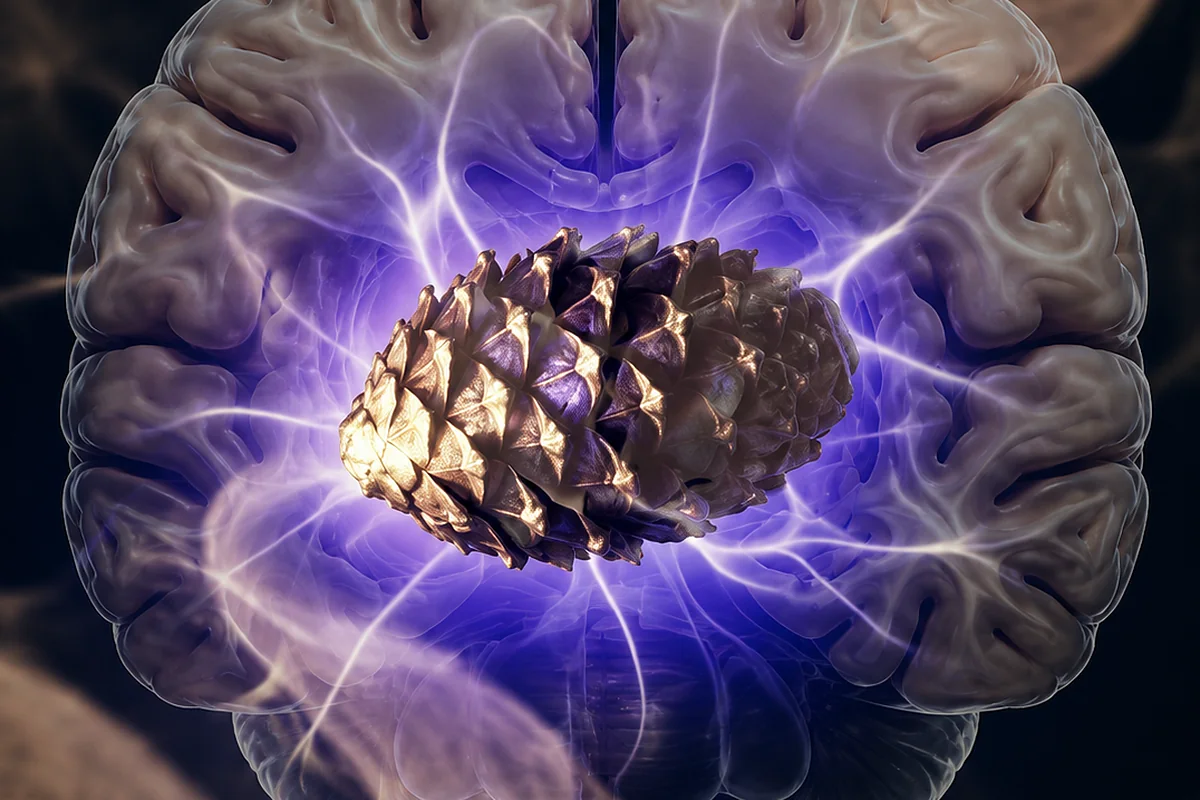 Corte del cerebro humano con la glándula pineal representada como una piña de pino iluminada en el centro