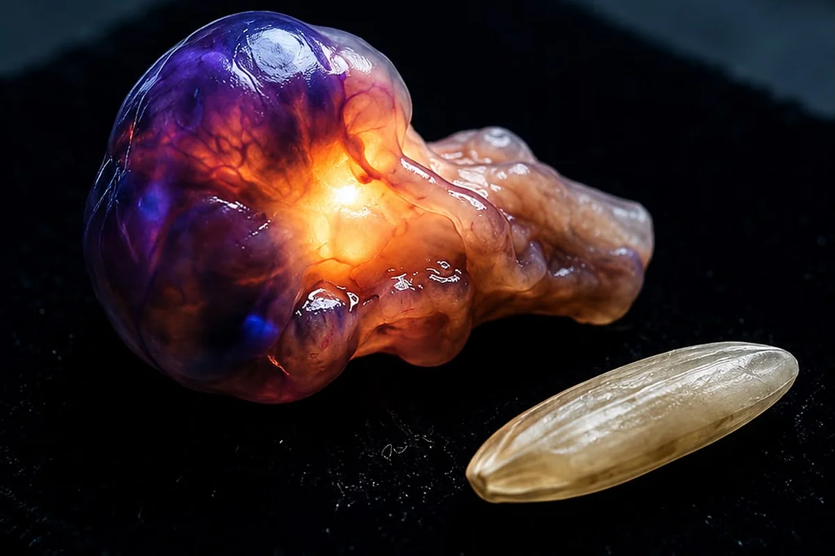 Glándula pineal iluminada junto a un grano de arroz que muestra su tamaño real
