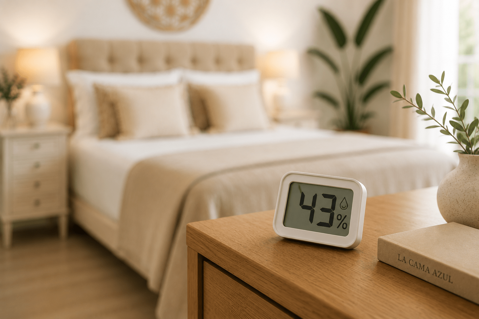 Higrómetro digital sobre una mesilla de noche de madera mostrando el nivel de humedad relativa del dormitorio