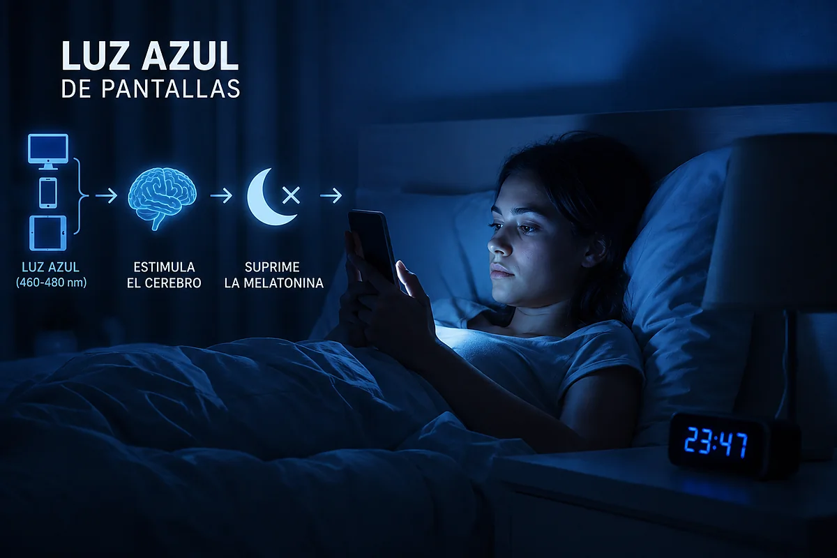 Infografía: la luz azul de las pantallas entre 460 y 480 nanómetros estimula el cerebro y suprime la melatonina por la noche