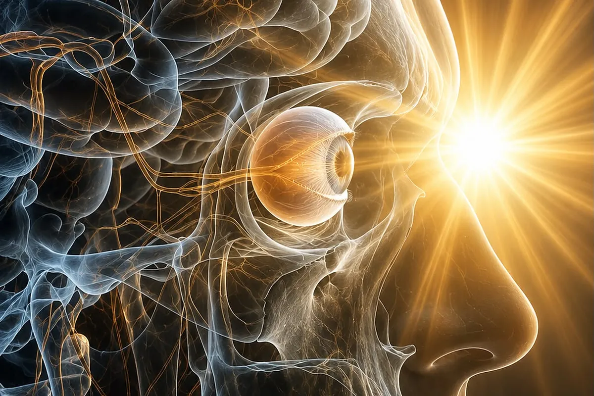 Luz solar entrando por el ojo y recorriendo la vía nerviosa hasta el interior del cerebro