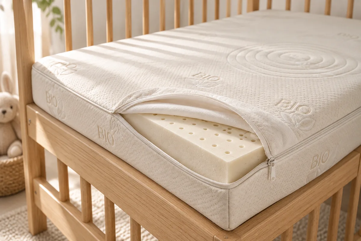 Colchón de látex 100% natural de 60x120 cm para el descanso del bebé, válido para cuna y cama infantil, con funda de algodón desenfundable