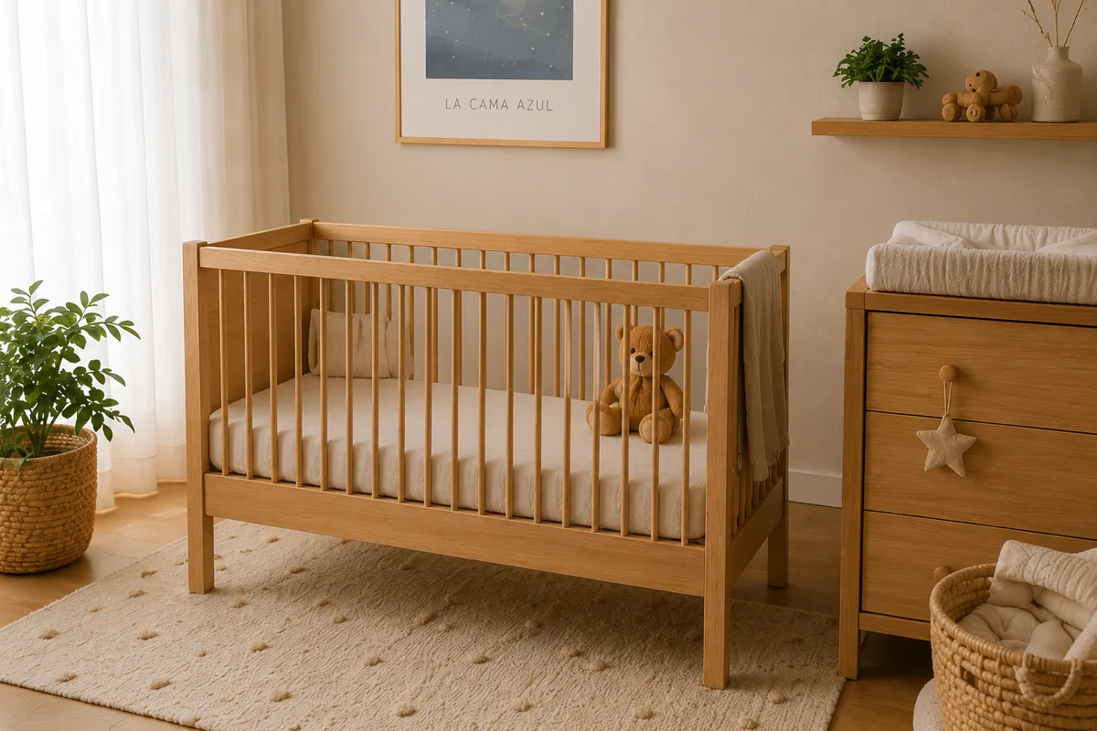 Habitación preparada para el descanso del bebé con cuna de madera natural, cómoda cambiador y luz cálida junto a la ventana