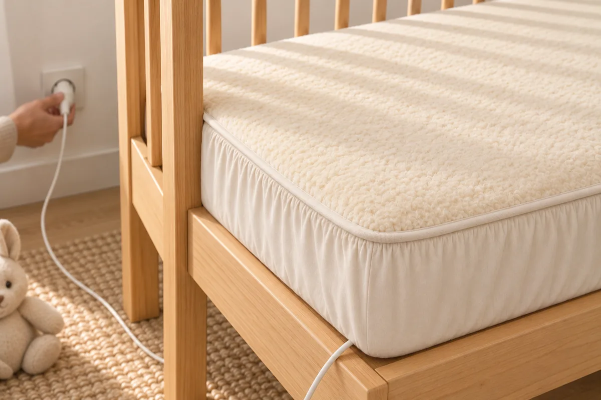 Cubrecolchón de bebé de 60x120 cm de La Cama Azul con lana merina y malla de hilo de cobre con toma de tierra