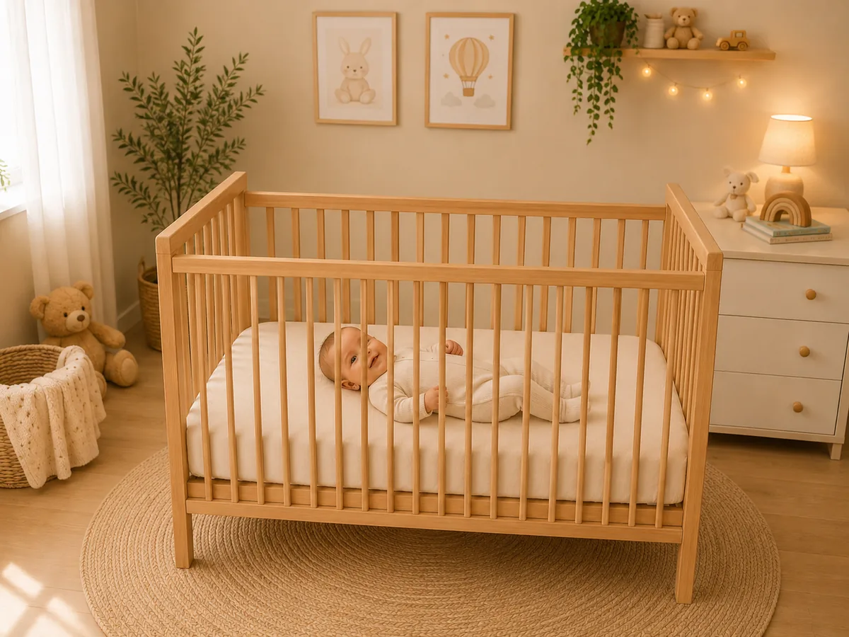 Descanso del bebé en una habitación luminosa con cuna de madera de haya natural y sábanas de algodón orgánico