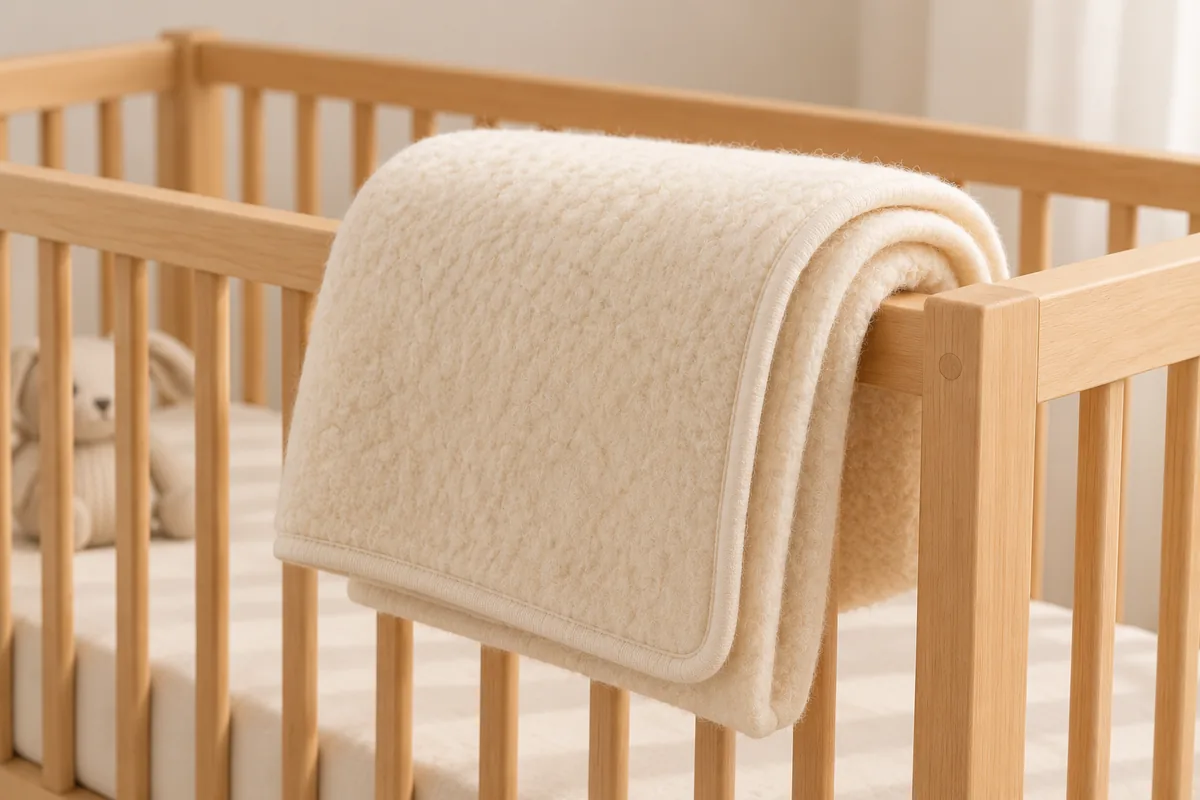 Manta de lana merina ecológica para bebé de 60x120 cm de La Cama Azul doblada sobre una cuna de madera
